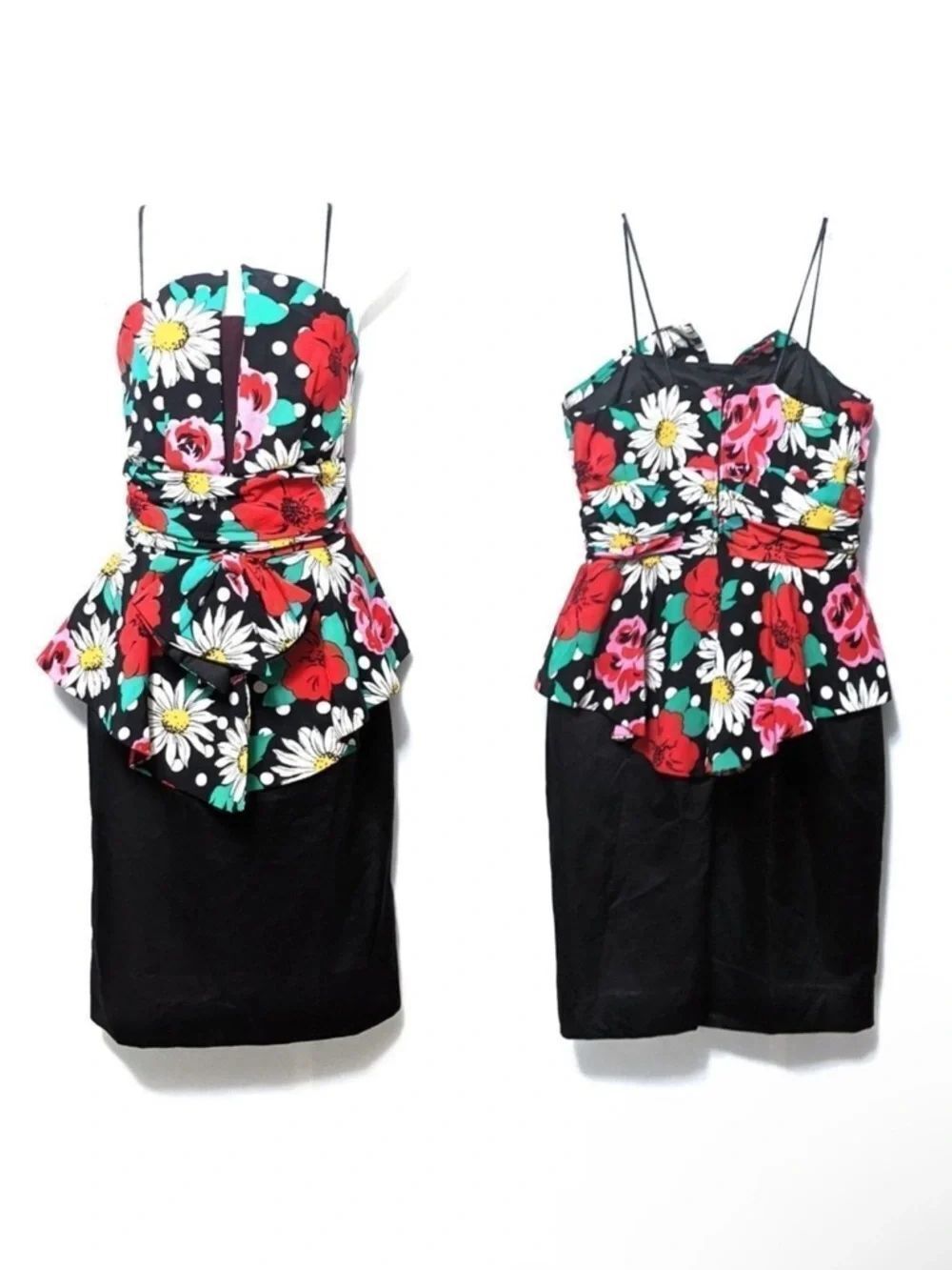 VINTAGE Pinup Floral Polka Dot Peplum Dress